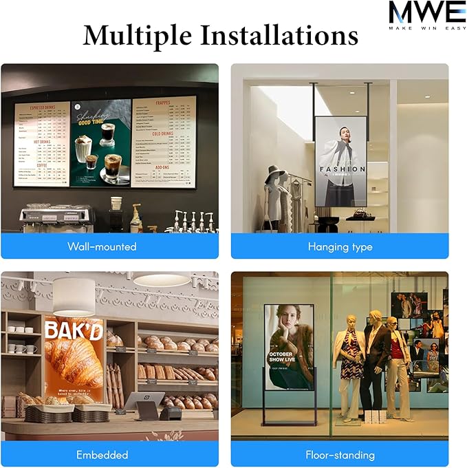 MWE 32 inch Wall Mount Digital Signage FHD Touchscreen Monitor Android 14 Multi-Touch Screen Smart Split Commercial Advertising Display Time Switch CMS Management HD-MI/ USB/ WiFi/ for Windows