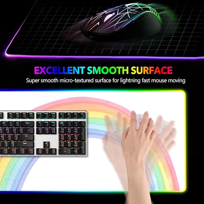 AIMSA RGB Gaming Mouse Pad Large Keyboard Mousepad Led Extended 35.4 x 15.8 inch Non-Slip Rubber Base with 14 Lighting Modes Big Desk Mat Waterproof White Rainbow