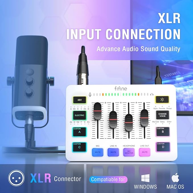 FIFINE XLR/USB Dynamic Microphone and Gaming Streaming PC Mixer SetComputer Mic with RGB LightMute ButtonAudio Mixer with XLR Microphone Interface Kit for Video/Game Voice/Podcast(AM8+SC3W)