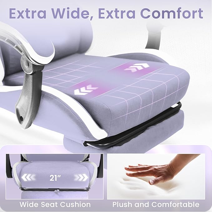 N-GEN GAMING Video Gaming Chair with Footrest Lumbar Support for Home Office High Back Recliner Height Adjustable Ergonomic Comfy Fabric Computer Desk Chair (Purple)