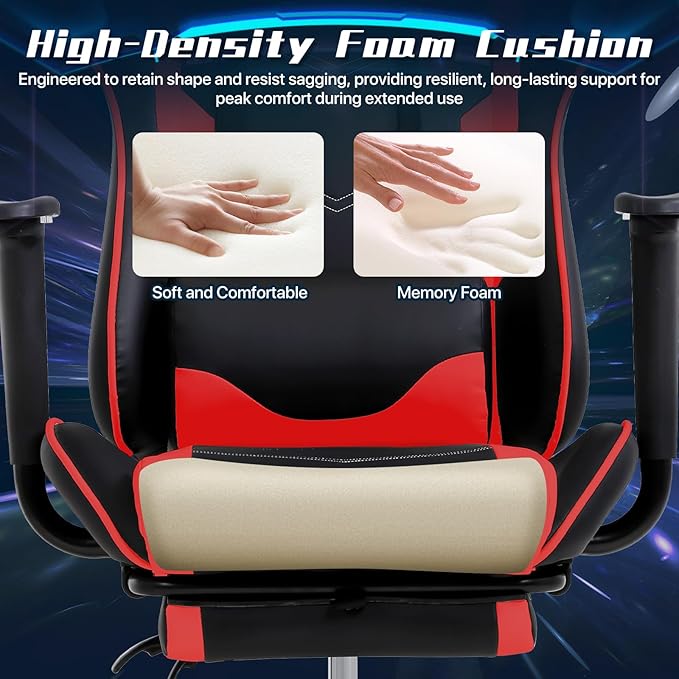 Ergonomic Gaming Chair with Footrest High Back PU Leather Office Desk Chair for Adults Teens Rolling Swivel Computer Chair (Red)