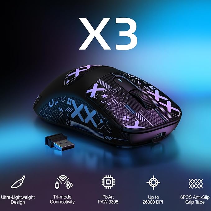 MANBASNAKE Attack Shark X3 Wireless Gaming Mouse 49g Lightweight Triple Mode Ergonomic Computer Mouse PAW3395 26K DPI Sensor 200h Battery Life Griptape Programmable Buttons for PC/Laptop/Mac/Win