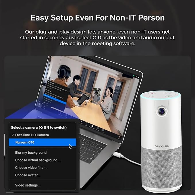 NUROUM C10(2nd Gen) 1080P Conference Webcam with Microphone Speaker Portable All in One Computer Camera for Video Conference AI Noise Cancellation &amp AGC USB Plug&ampPlay for PC/Desktop Zoom/Te