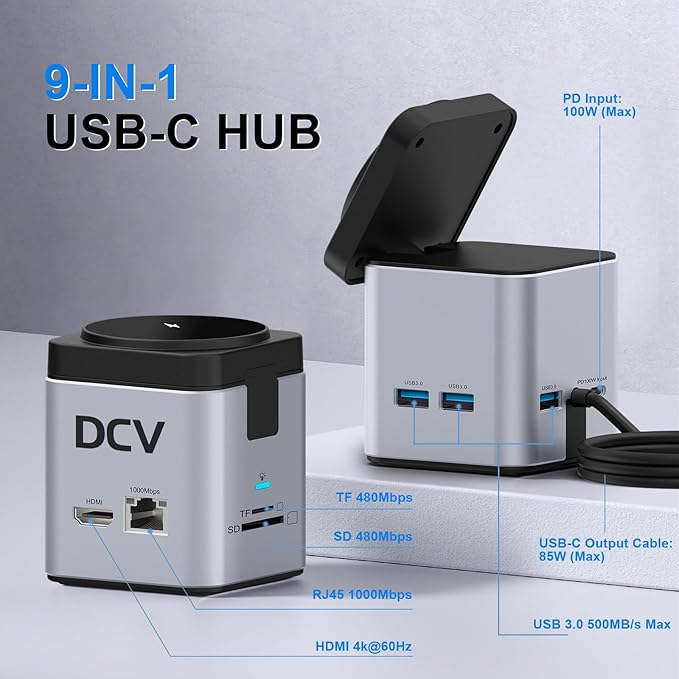 USB C Laptop Docking Station with MagSafe Charger Stand 9 in 1 USB C Hub Multiport Adapter with 4K HDMI 1Gbps Ethernet 3 USB 3.0 SD/TF Compatible with MacBook/Dell/HP/Lenovo/iPhone (Silver Gray)
