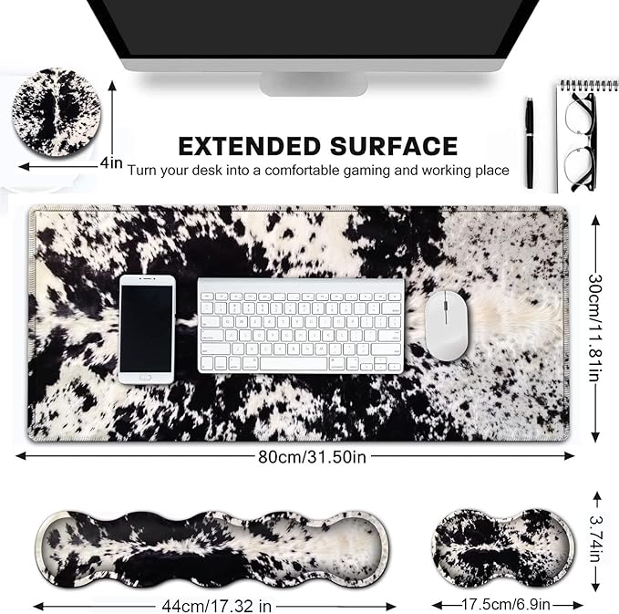Desk Pad Keyboard Mouse Pad Set Extended Gaming Mouse Pad+ Ergonomics Memory Foam Wrist Rest Support 31.5x15.7in Large Mouse Pad with Stitched Edges Cute Black White Cowhide Fur XXL Mouse Mat