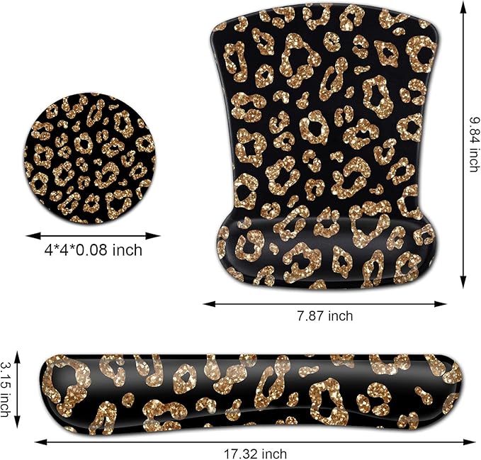 Ergonomic Black Mouse Pad Wrist Support and Memory Foam Keyboard Wrist Rest SetGel Mouse Mat with Non-Slip PU BaseKeyboard Palm Rest for Home Office Wireless Gaming Desk Pad Gold Glitter Leopard