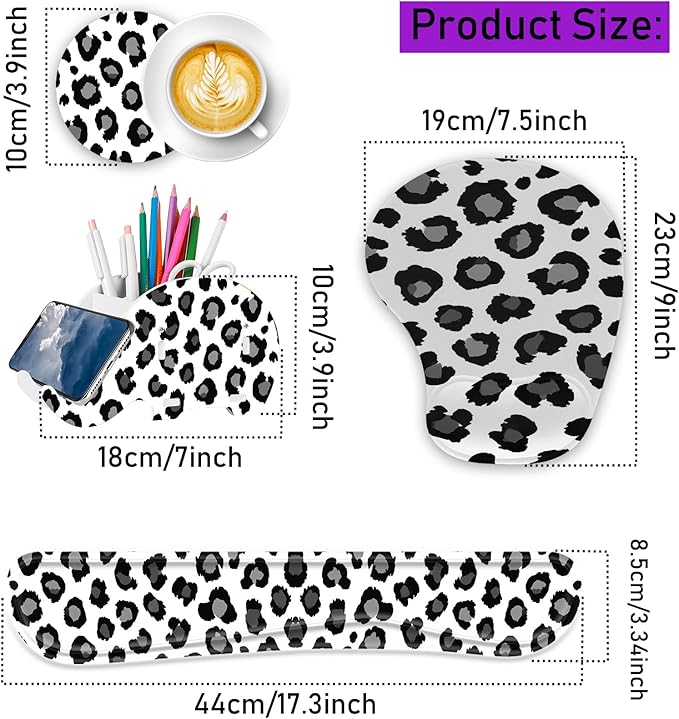 Keyboard Wrist Rest Pad Ergonomic Mouse Pad SetNon-Slip PU Base for Laptop Home Gaming OfficeMatching Elephant Pen Holder and Cup Coaster(Leopard Print) …