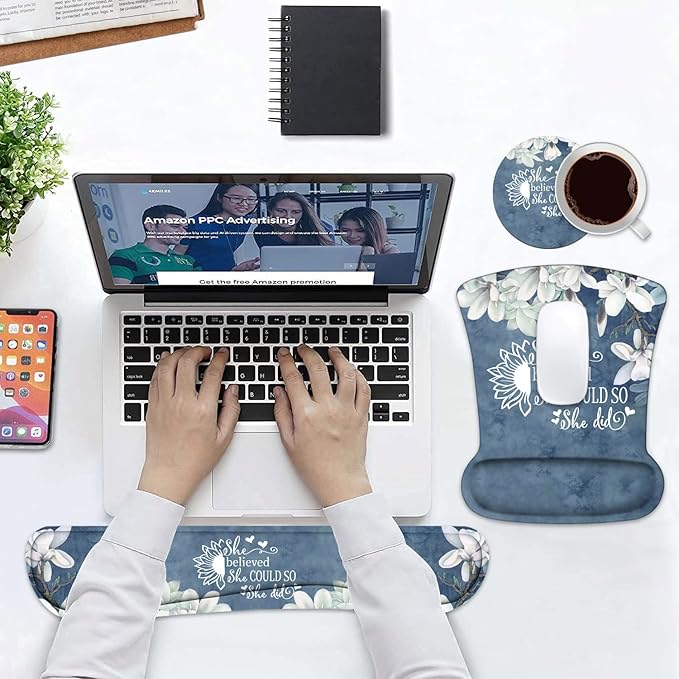 Keyboard Wrist Rest and Mouse Pad Wrist Support Set with Coasters She Believed She Could So She Did Inspirational Quote Wrist Mouse Pad with Non-Slip PU Base for Home Office Working Studying