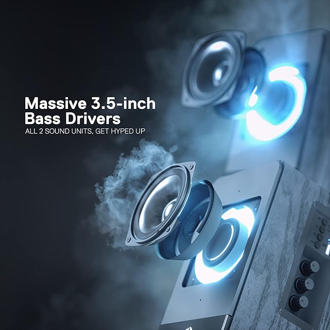 Redragon GS813 Wireless Desktop Speakers 2.0 Bookshelf Speaker w/20W Output BT 5.0/3.5mm AUX Enhanced Bass/Treble Knob and TF Card/USB Flash Drive Supported