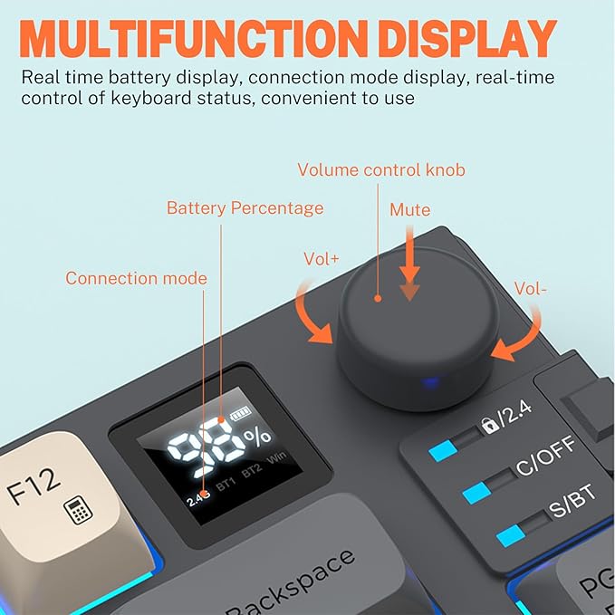 75 ％ Wireless Gaming Keyboard and Mouse Combo Tri-Mode BT5.0/2.4GHz/USB-C RGB Backlit Keyboard + 3D 1600DPI Mice 2000mAh Battery 80 Keys Knob Volume Control (Black)