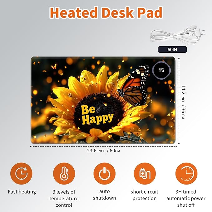 Heated Mouse PadWarm Desk Pad with 3 Levels Heating &amp 3 Hours Auto Shut-Off PU Leather Heated Desk Pad Warmer Pad for Home Office - 23.6 x 14.2 inchLuminous Sunflower Butterfly