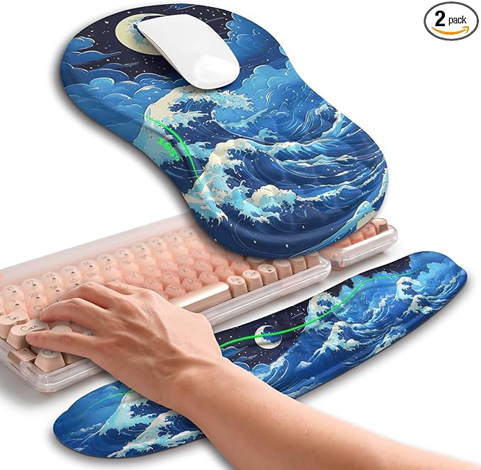 Hokafenle 2in1 Combination Wave Keyboard Wrist Rest and Ergonomic Curvature Mouse Pad Wrist Support for Relieve Wrist Pain Filled with Soft Cushion Memory Foam Crescent Waves