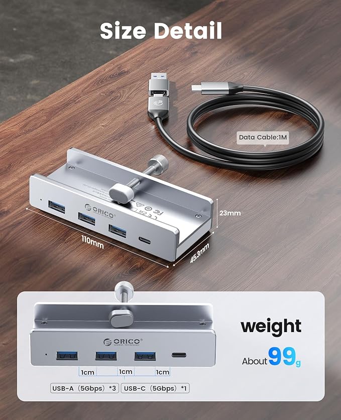 ORICO USB Hub 3.0 Clamp USB Hub with Extra Power Port 3 USB-A Data Ports USB-C Port for Monitors Desks(Silver)