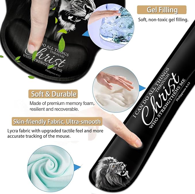 Ergonomic Mouse Pad Gel Wrist Support and Memory Foam Keyboard Wrist Rest Set for Gaming Computer Office Laptop Easy Typing Wireless Mouse Mat Fierce Lions Philippians 4:13 Verse Black Desk Pad