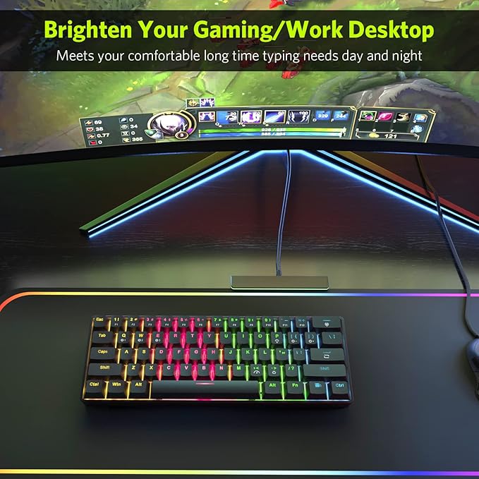61 Keys RGB Wireless and Wired Mechanical Gaming Keyboard with Blue Switches Audible Click Sound Rainbow Portable Compact Mini Office Keyboard for Windows PC Gaming (F-SG61)