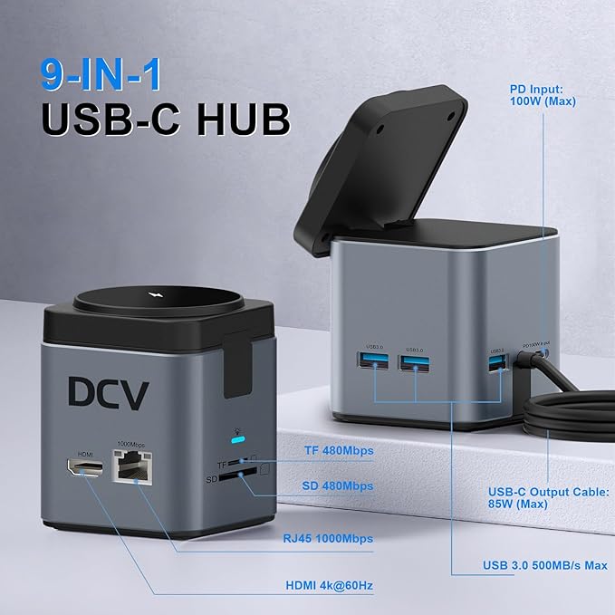 USB C Laptop Docking Station with MagSafe Charger Stand 9 in 1 USB C Hub Multiport Adapter with 4K HDMI 1Gbps Ethernet 3 USB 3.0 SD/TF Compatible with MacBook/Dell/HP/Lenovo/iPhone (Dark Gray)