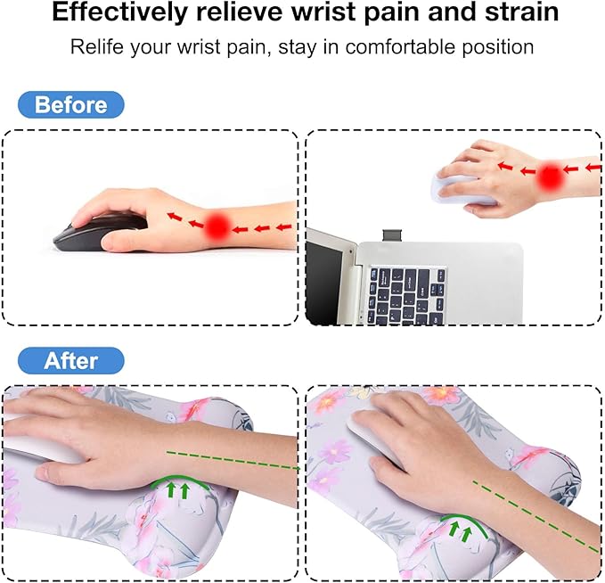 MEGREZ 4-in-1 Ergonomic Memory Foam Wrist Rest Set Desk Pad Mouse Pad with Wrist Rest Keyboard Pad Suitable for Office Workers Programmers &amp Gamers–Relieve Typing &amp Gaming Fatigue Pink F
