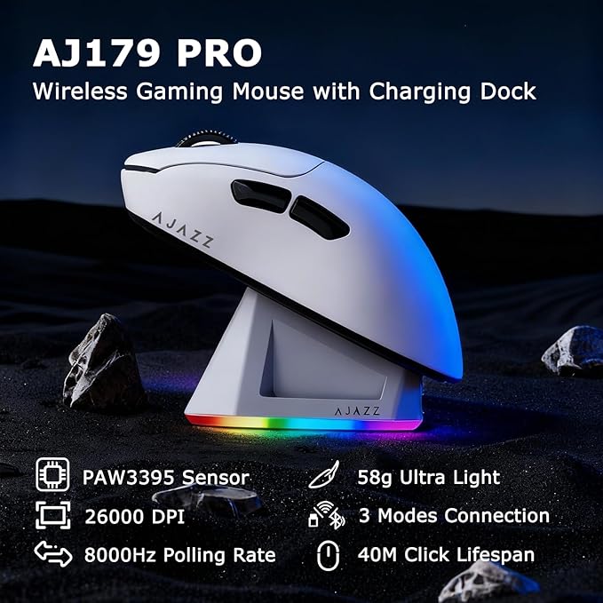 AJ179PRO PAW3395 26000 DPI Gaming Mouse 8000Hz Polling Rate 58g Ultra-Light Tri-Mode (2.4G/Wired/Bluetooth 5.2) Magnetic RGB Charging Dock Ergonomic Right-Hand Design White