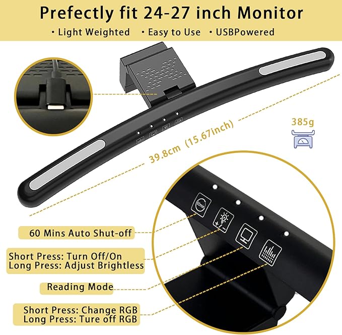 Curved Monitor Light Bar for 24-27 Inch Curved Screens Light Bar with 7 RGB Stepless Dimming 3 Color Temperatures USB Powered Gaming Computer Light