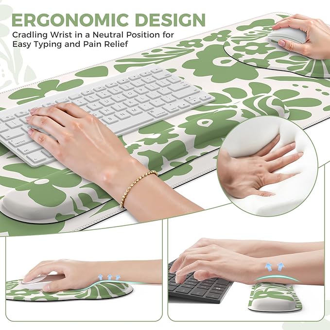 iCasso Desk Cover Mat 4in1 Floral Large Mouse Pad with Wrist Rest Desk Matt for Desktop Anti-Slip XXL Big Computer Ergonomic Mousepad with Wrist Support for Keyboard and Mouse (Green)
