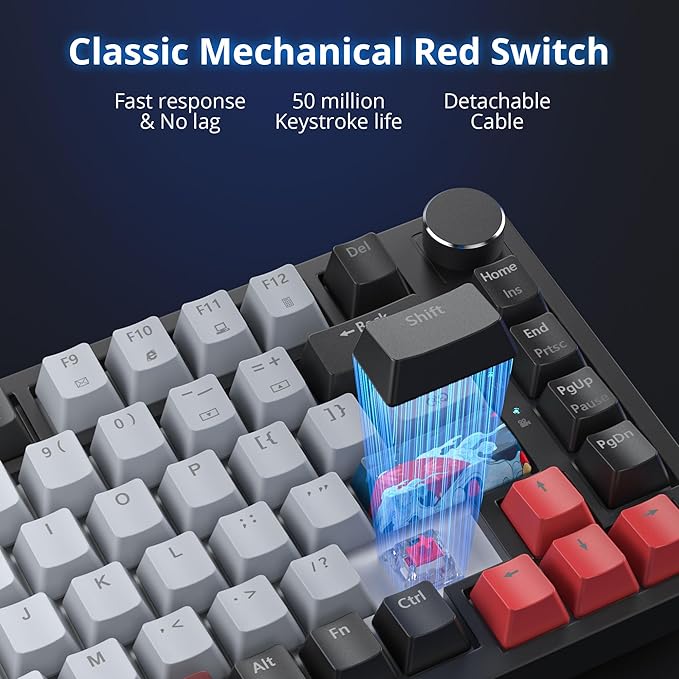 Fogruaden Wired 75% Mechanical Keyboard Hot Swappable Gasket Mount With Red Switch RGB Backlit 82 Keys TKL NKRO Compact Gaming With Knob (Dolch)