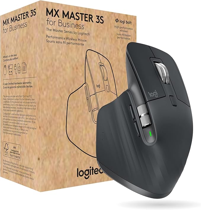 Logitech MX Master 3S for Business Wireless Mouse with Quiet Clicks 8K DPI Secured Logi Bolt USB Receiver Bluetooth USB-C Charging MagSpeed Scrolling Windows/Mac/Chrome/Linux - Graphite
