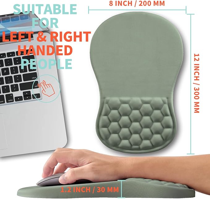 Ergonomic Mouse Pad Wrist Support with Memory Foam Massage Bulge Carpal Tunnel Pain Relief Mousepad Wrist Rest for Mouse(12x8 inch Light Green)