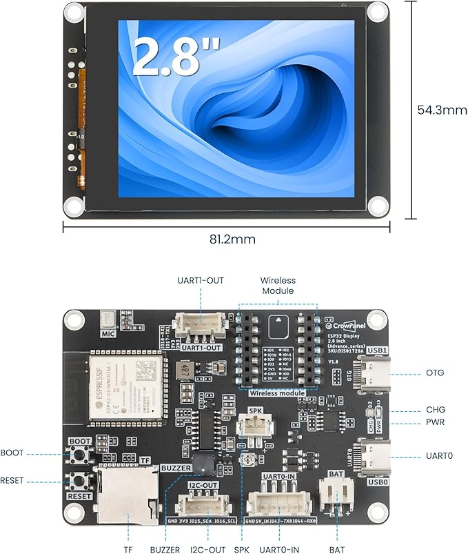 ELECROW ESP32 Display 320×240 2.8 HMI Advanced ESP32-S3 IPS Touch Display Support AI Speech Interaction 32-Bit LX7 Dual-Core Processor Up to 240MHz Compatible with Arduino ESP-IDF and LVGL