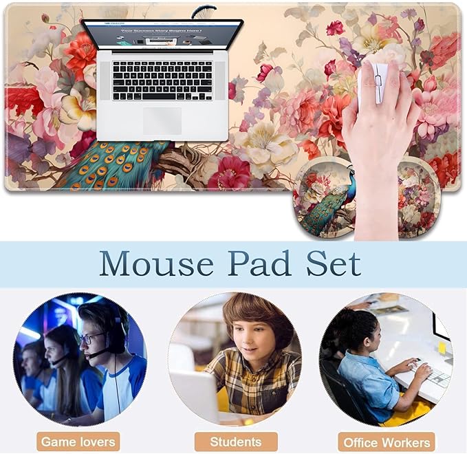 Large Gaming Mouse Pad + Wrist Rest + Lace Coaster Non-Slip Set with Sewn Edges and Waterproof Expandable Desktop Pad Suitable for Office/Home Peacock and Flowers