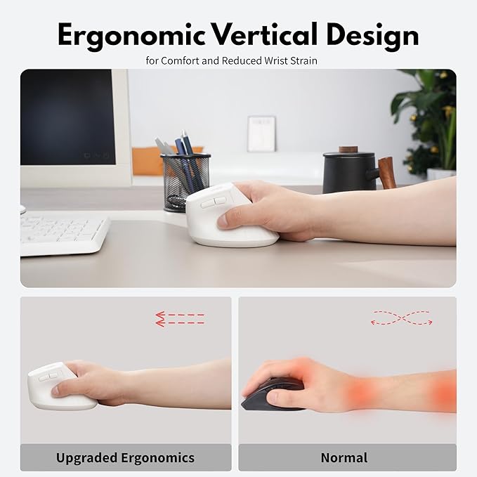 Ergonomic MouseWireless MouseBluetooth Vertical Mouse with BT5.0/4.0/2.4G Rechargeable with Battery IndicatorErgonomic Design for Comfort and Reduced Wrist Strain for HomeOffice Use(White)
