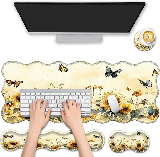 4 in 1 Desk Mat SetMouse Pad with Keyboard Wrist RestWave-Shaped DesignNon-Slip Rubber BaseWaterprooffor HomeOfficeGamingSunflower Butterfly