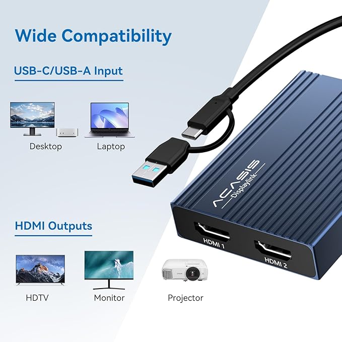 ACASIS USB C to Dual HDMI DisplayLink Adapter 4K@60Hz 2 HDMI &amp 3 USB-A Ports 100W PD Charging USB C DisplayLink Docking Station for Mac M1/M2/M3/WindowsUSB A/C to Dual Monitor Adapter