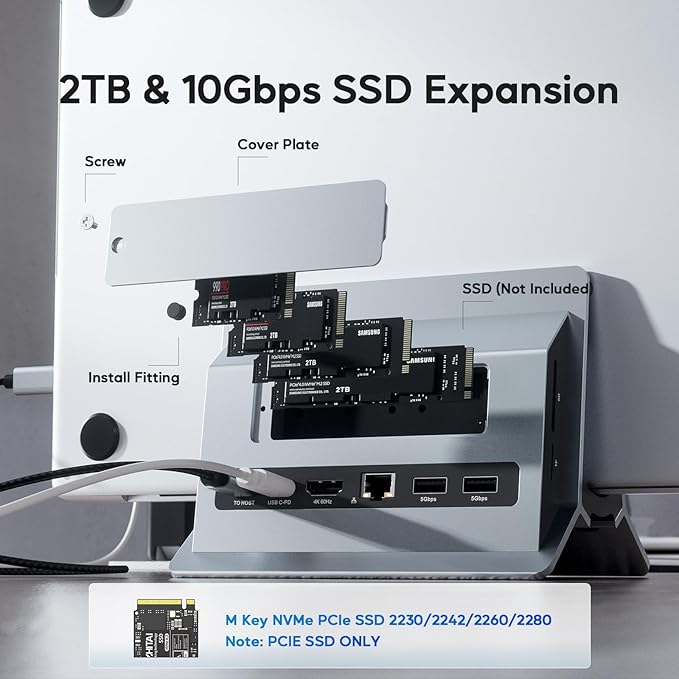 Vertical MacBook Docking Station PULWTOP Docking Station for Mac mini with M.2 NVMe case for MacBook Pro/Air 4K@60Hz HDMI 2USB C 10Gbps SD/TF 100W PD RJ45 2 USB A for Windows Laptops