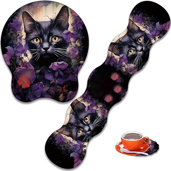 Mouse Wrist Rest and Keyboard Wrist Rest Pad+ Coaster Set Non-Slip Rubber Base Smooth Surface Ergonomic Gaming Mouse Pad for Easy Typing and Pain Relief Cat &amp Purple Flower
