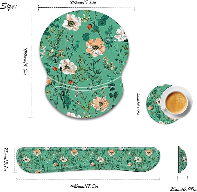 Ergonomic Gel Mouse Wrist Rest Pad and Keyboard Pad SetAnti-Slip PU Bottom Easy Typing and Relieve Wrist Pain with Cute Coaster Set (3-Beautiful Floral)