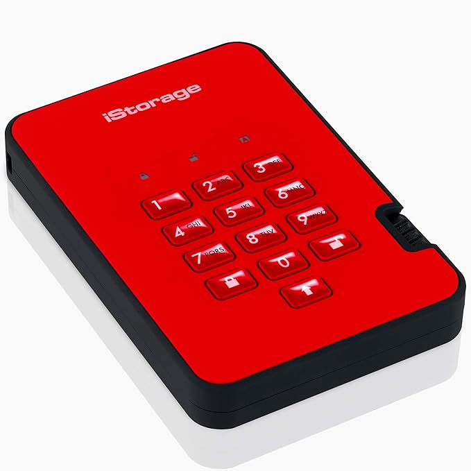 iStorage diskAshur2 HDD 3TB Red | Secure portable hard drive | Password protected | Dust &amp water resistant | Hardware Encryption