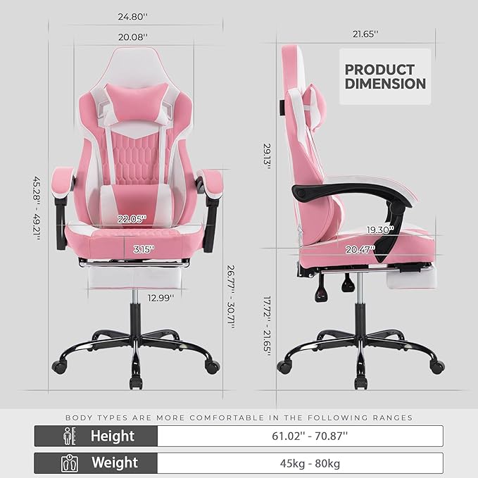 Gaming Chair with Footrest Ergonomic Gamer Chair with Adjustable Lumbar Support &amp Headrest Computer Chair for Adults High Back Video Game Chairs for Home Office PC Gaming Chair (Pink)