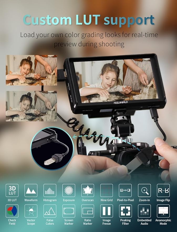FEELWORLD S55E 5.5 inch DSLR Field Monitor 3D LUT Compact Full HD 1920x1152 IPS Video Assist Peaking Focus with 4K60Hz HDMI 8.4V DC Inputs/Outputs Includes F550 4400mAh BatteryTilt ArmSunshade
