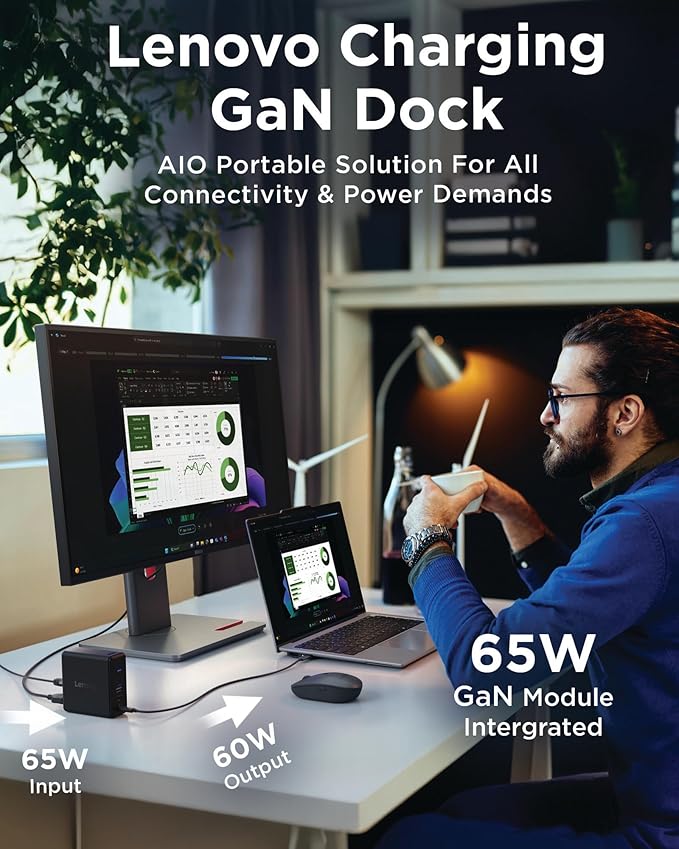 Lenovo GaN Charging Dock Multiport Docking Station w/ 60W PD HDMI USB-C USB-A Micro SD Power Adapter &amp Dock in One Compact Design Sustainable Materials Home Office Gaming Dock Stand Conso