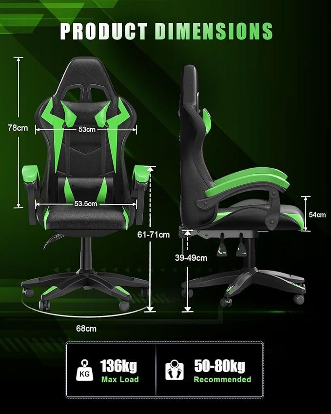Gaming Chair with RGB LED Lights Ergonomic Computer Chair with Headrest and Lumbar Support PU Leather High Back Height Adjustable Swivel Video Game Chairs for Adults(Green)