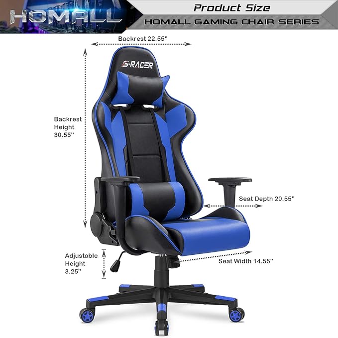 Homall Gaming Chair Office Chair High Back Computer Chair Leather Desk Chair Racing Executive Ergonomic Adjustable Swivel Task Chair with Headrest and Lumbar Support(Blue)
