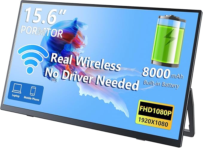 Wireless Portable Monitor with Battery Wireless Monitor for Laptop-15.6 1080P FHD Travel Monitor for Laptop Support AirPlay Miracast for Windows/Mac/Android/iOS