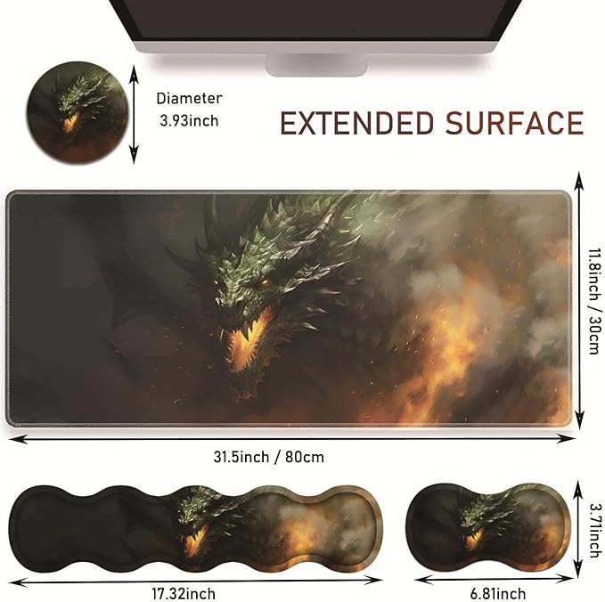 Large Gaming Table Pad 31.5 x 11.8 + Keyboard Wrist Pad + Mouse Wrist Pad + Coaster Non-Slip Base 4-in-1 Set Ergonomic Memory Foam Easy Typing Pain Relief Firing Dragon