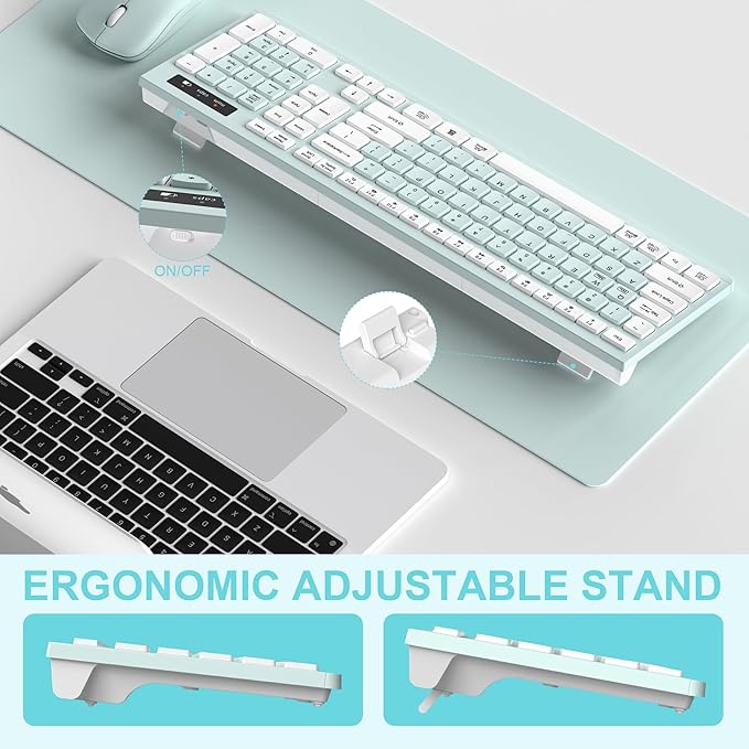 Wireless Keyboard and Mouse Combo Full-Sized Wireless Keyboard and Adjustable DPI Mouse 2.4GHz USB Receiver Keyboard and Mouse for PC Windows Desktop Laptop (Mint Green and White)