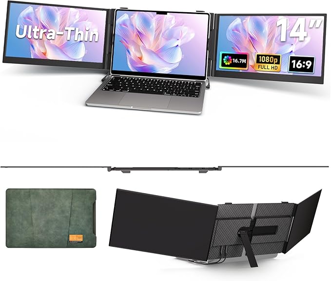 Triple Laptop Screen Extender 2.2lb 14 FHD Ultra-Light Multiple Laptop Monitor Extender Ultra-Thin Portable Monitors Attachable for 13.3-17 Laptops Triple Screen Extender for Windows/Mac/Chrome