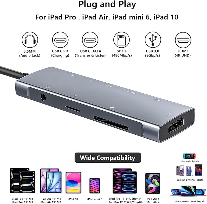 USB C HUB for iPad Pro 9-in-1 Adapter iPad Pro M4 M2 M1 13 12.9 11 inch iPad Air 5 4 Docking Station with 4K HDMI USB-C PD SD/TF Card Reader USB 3.0 3.5mm Headphone Jack Type C Data iPad mini 6