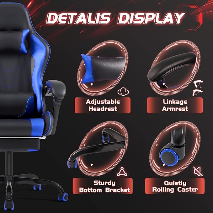 Shahoo Gaming Chair with Footrest and Massage Lumbar Support Video Game Chairs Height Adjustable Seat with Headrest for Office or Bedroom Study Room Dark Blue