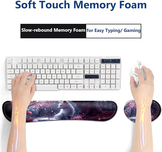 Large Mouse Pad + Keyboard Wrist Rest Set Extended Gaming Mousepad (31.5X11.8 inch) with Non-Slip Rubber Ergonomics Memory Foam Mouse Wrist Rest Support White Kitsune Cherry Blossoms Desk Pad