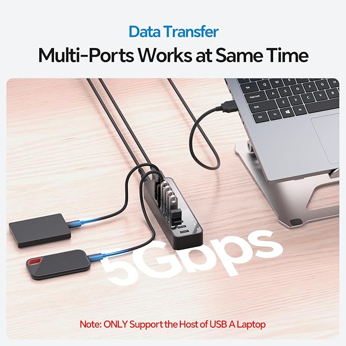 USB 3.0 Hub 10Ports USB-Hub with 7 USB-3.0 &amp 3 BC1.2 Ports Multi USB 60W Data Hub Compatible for USB A Laptops PC All USB Devices Mobile and HDD USB 3.1 Splitter