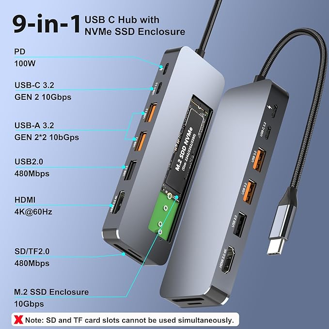 USB C Docking Station with M.2 NVMe SSD Enclosure 10Gbps 9 in 1 USB-C Hub Type C SSD Slot with 4K@60Hz HDMI USB 3.2 Gen2 PD100W SD/TF Card Reader Laptop Docking Station for Dell/HP/Lenovo/Mac